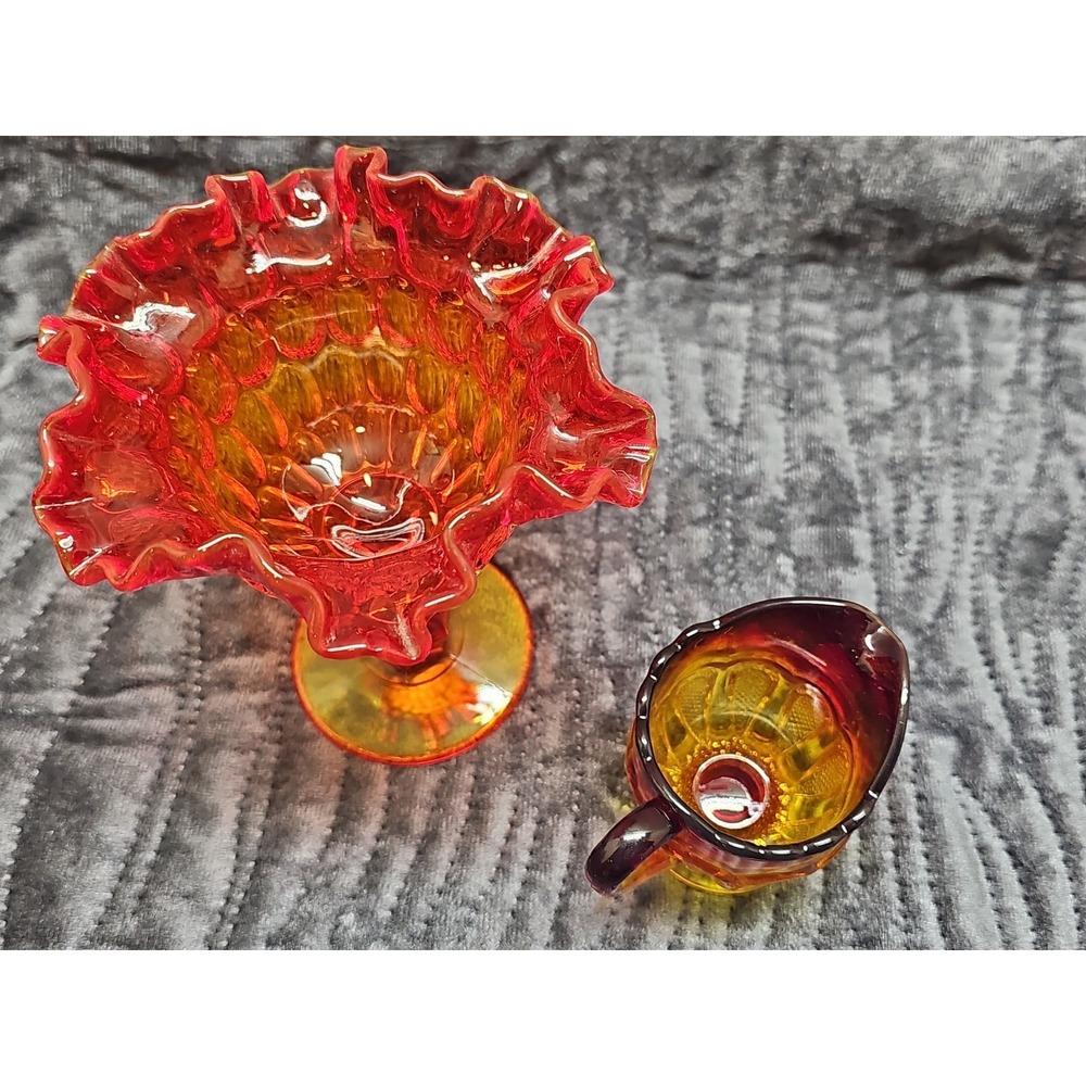 Vintage Glass Amber Brown Hobnail Crimped Rim Candy Bowl & Creamer Pitcher - Picture 4 of 5